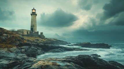 Historic lighthouse standing on a rocky coast, guiding ships safely through the waters.
