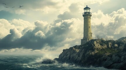 Historic lighthouse standing on a rocky coast, guiding ships safely through the waters.