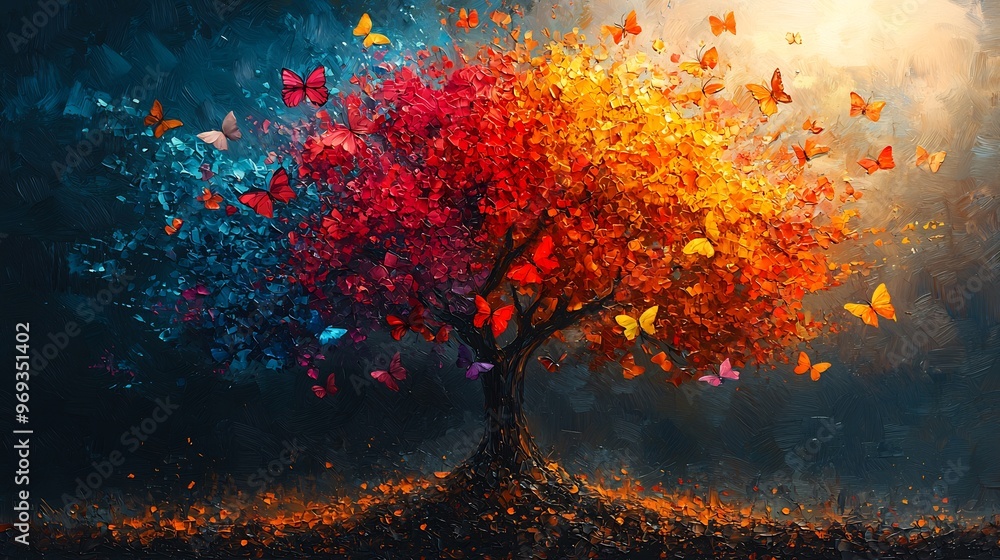 Canvas Prints semiabstract tree with its branches transforming into vibrant butterflies symbolizing growth and tra