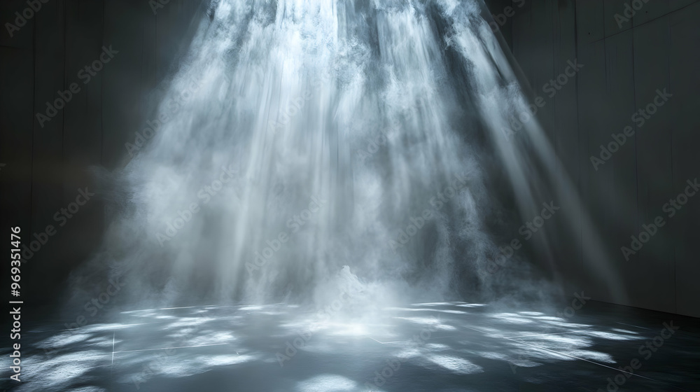 Poster a beam of light illuminates a misty space, creating an ethereal atmosphere.