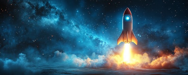 Fototapeta premium Futuristic Rocket Launch Concept with Blue Light Glow - Startup Innovation Illustration.