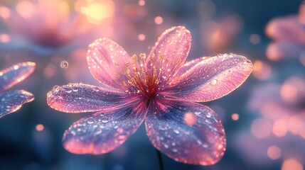 A stunning close-up of a pink flower glistening with morning dew in soft, dreamy light, creating a serene and magical atmosphere.