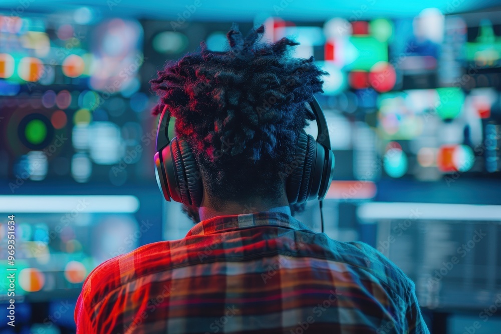 Poster back view of a man wearing headphones, sitting in front of several colorful screens in a technology 