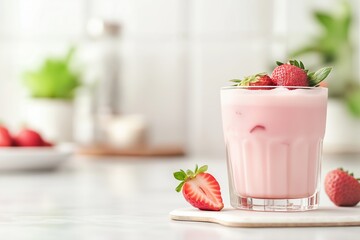 Strawberry yogurt in glass, topped with fresh strawberries and mint, on marble table