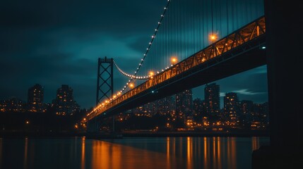 Iconic suspension bridge at twilight, illuminated with vibrant city lights in the background.