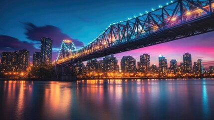 Obraz premium Iconic suspension bridge at twilight, illuminated with vibrant city lights in the background.