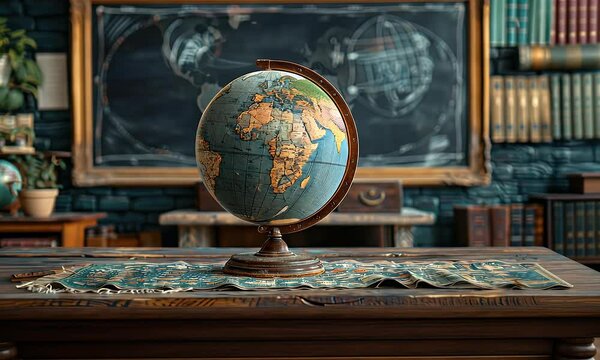 Vintage Globe on a Wooden Desk in a Classic Classroom