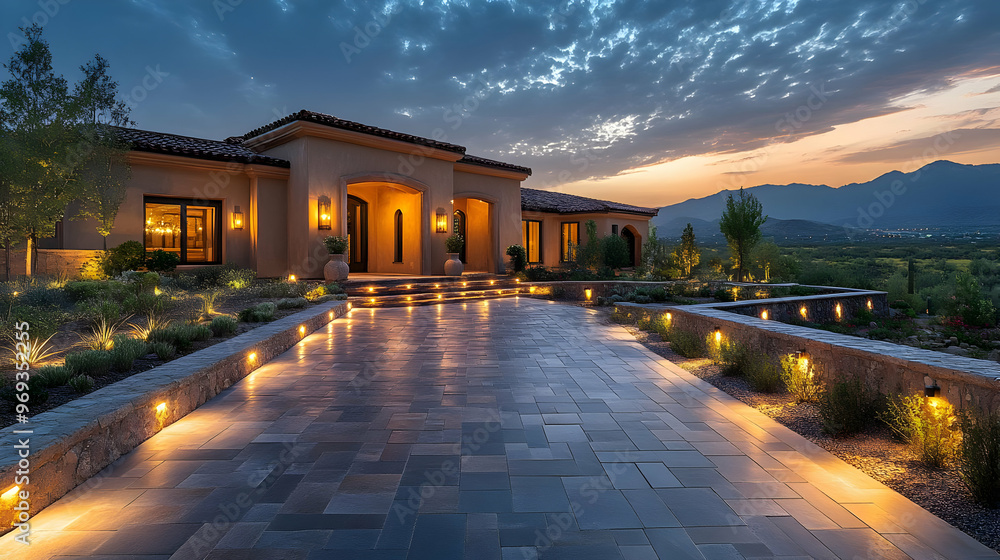 Wall mural A beautifully lit modern home at dusk, showcasing elegant architecture and landscaping.