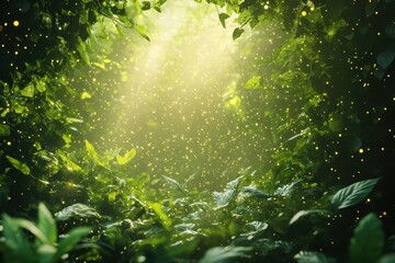 A serene forest scene with sunlight filtering through lush green leaves, creating a magical atmosphere filled with floating particles.
