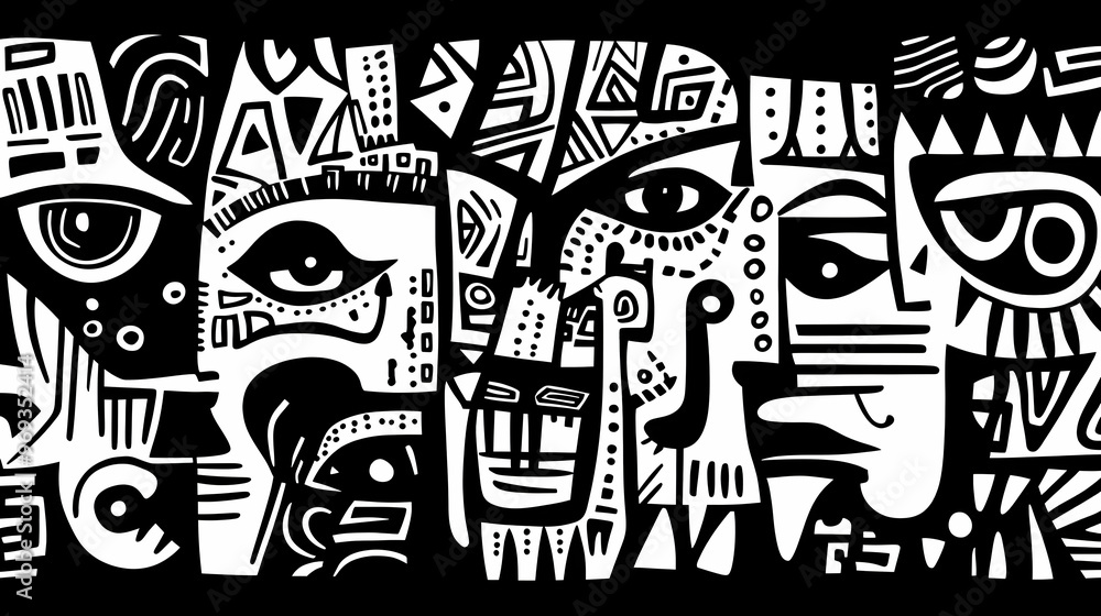 Poster a black-and-white abstract artwork featuring various stylized faces and intricate patterns.