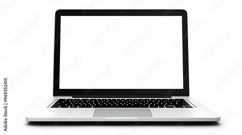 Poster a blank laptop computer with an open screen, ready for use.