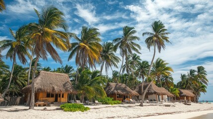 Luxury beachside resort with thatched-roof bungalows and palm trees swaying in the breeze.