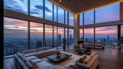 Luxury penthouse with floor-to-ceiling windows and panoramic views of the city.