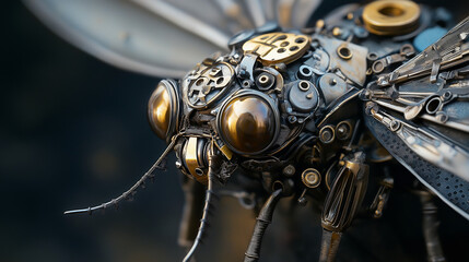 close view of a metal bee and fly, tech robotic fly.