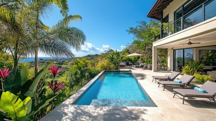 Fototapeta premium Luxury villa with a private pool, surrounded by tropical plants and stunning views.