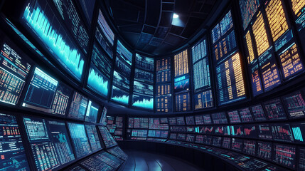stock market and trade, exchange hall, all kinds of screens in a room.