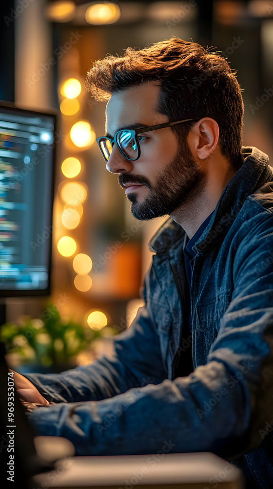 Poster focused software developer photo - working late on code in office