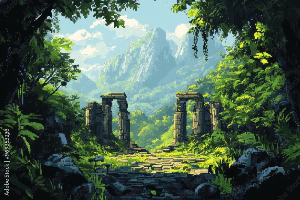 Poster vintage pixel jungle landscape with empty space for text - retro styled image of pixelated temples i