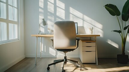 Minimalist office setup with a clean desk, ergonomic chair, and no one around, symbolizing a peaceful work environment.