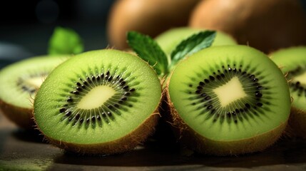 A close-up of a sliced kiwi, showcasing its vibrant green flesh and tiny black seeds, set against a soft-focus background of fresh mint leaves.