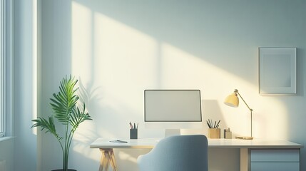 Fototapeta premium Minimalist office setup with a clean desk, ergonomic chair, and no one around, symbolizing a peaceful work environment.