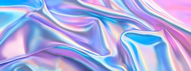 Fototapeta premium Iridescent silver, blue, and purple wavy cloth, shiny and glossy