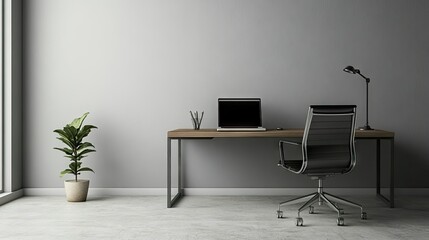 Fototapeta premium Minimalist office space with a desk, chair, and a laptop, ready for a day of work, no one around.