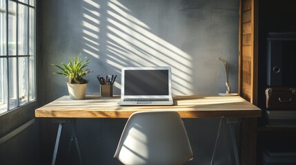 Minimalist office space with a desk, chair, and a laptop, ready for a day of work, no one around.