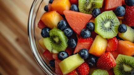 Mixed fruit salad in a glass bowl, including watermelon, kiwi, strawberries, and blueberries.