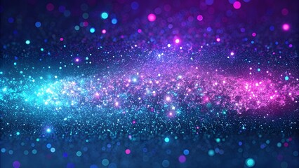 Neon glitter background. Grain texture. Defocused sparkles. Bokeh glow. Fluorescent blue magenta...