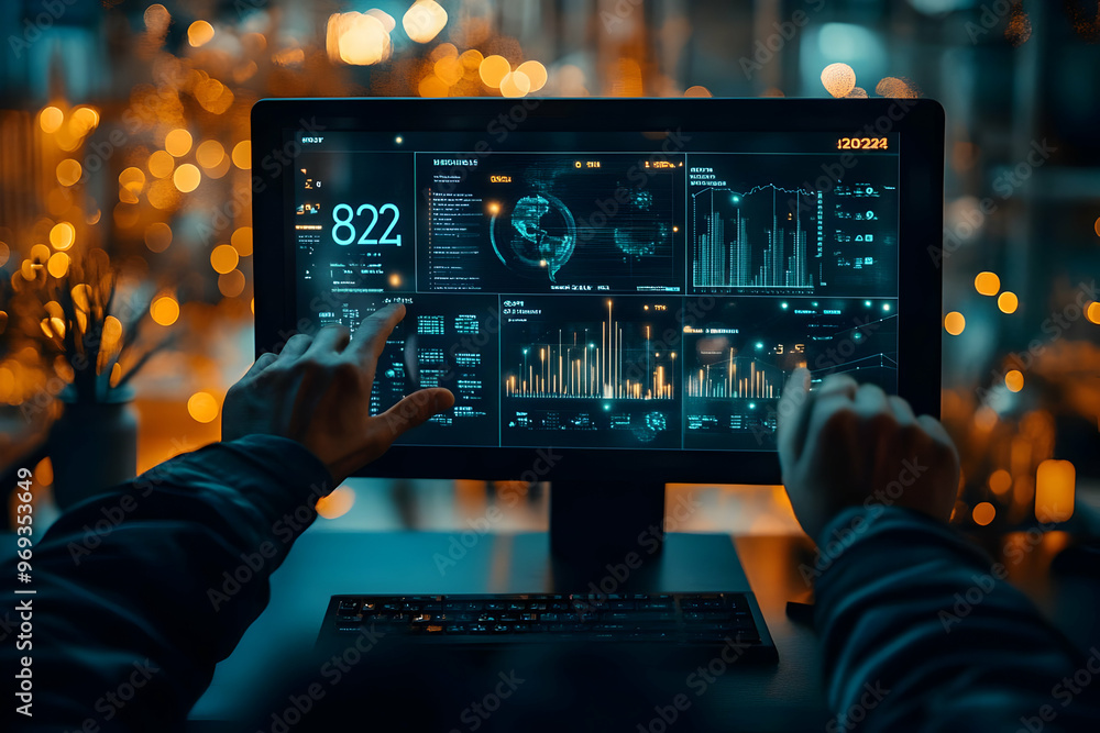 Poster Data Analytics Dashboard - Businessman Analyzing Financial Data Charts on Computer Screen at Night