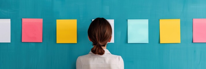 Back view of a woman with tied hair observing a series of colorful sticky notes placed on a blue wall, likely planning or brainstorming in an office.