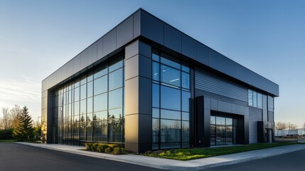 Obraz premium Modern industrial building with sleek lines, large windows, and metallic exterior.