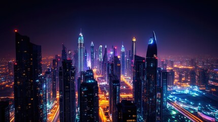 Obraz premium Night view of a city skyline with skyscrapers illuminated by bright lights.