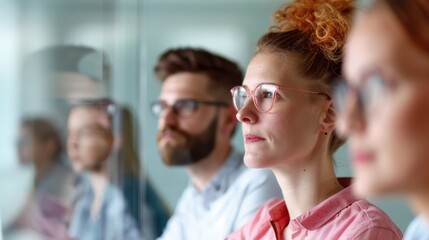 Fototapeta premium Close-up of a confident business leader with glasses and beard standing at the forefront of a diverse team in a bright, professional office environment.