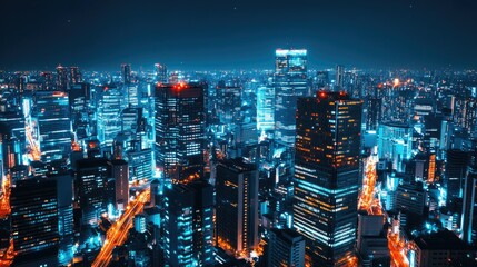 Obraz premium Night view of a city skyline with skyscrapers illuminated by bright lights.