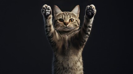 A cat stands up with two front paws up, full body and tail, on transparency background PSD