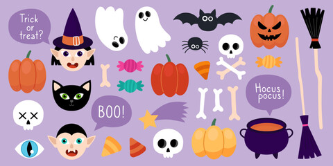 Collection of magical Halloween illustrations. Cute cartoon elements for Halloween design on purple. Witch, vampire, cat, pumpkins, ghost, bat, spider, skull, bones, broom, cauldron, candy, star.