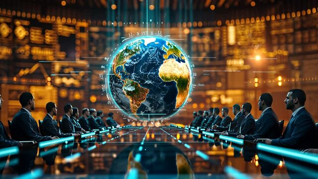 Global Business Summit: A powerful image of global business leaders gathered at a futuristic table, a holographic Earth illuminating their strategic discussions. 