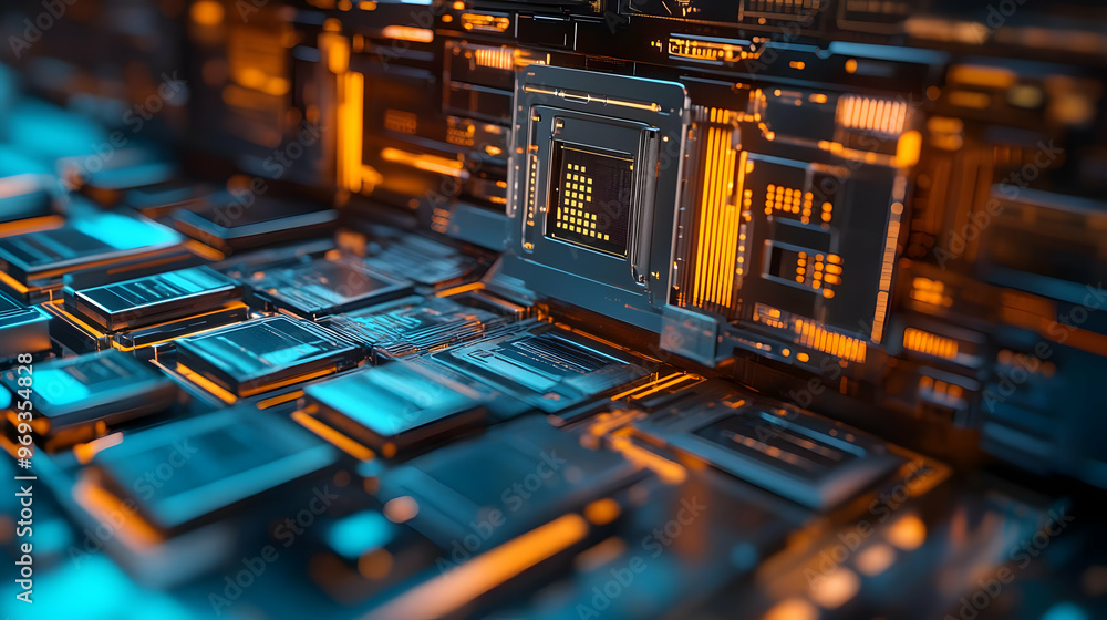 Poster 3d render of a futuristic cpu processor chip on circuit board: technology, digital, abstract, circui