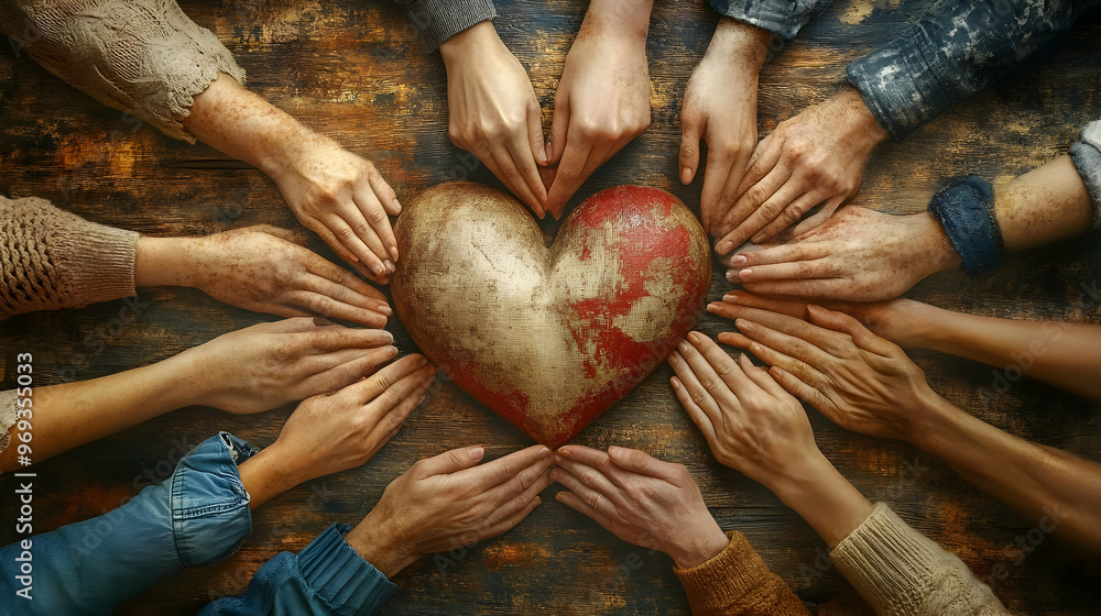 Poster a circle of hands surrounding a heart symbol, representing unity and love.