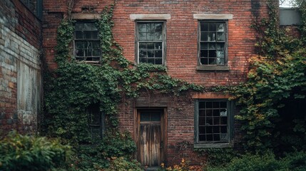 Fototapeta premium Old, rustic brick building with ivy climbing up the walls, contrasting with modern surroundings.