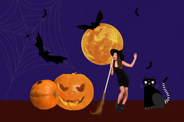 Composite photo collage of happy witch girl sing broom mic imitation halloween decor pumpkin jack...