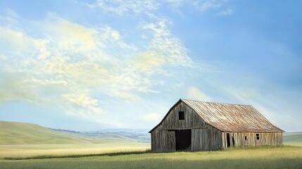 Obraz premium Old, weathered barn standing in a vast field, a symbol of rural life and agricultural heritage