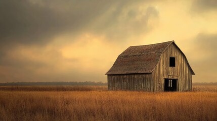 Obraz premium Old, weathered barn standing in a vast field, a symbol of rural life and agricultural heritage