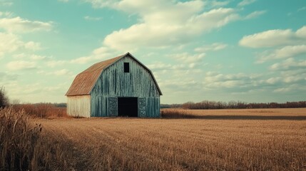 Obraz premium Old, weathered barn standing in a vast field, a symbol of rural life and agricultural heritage
