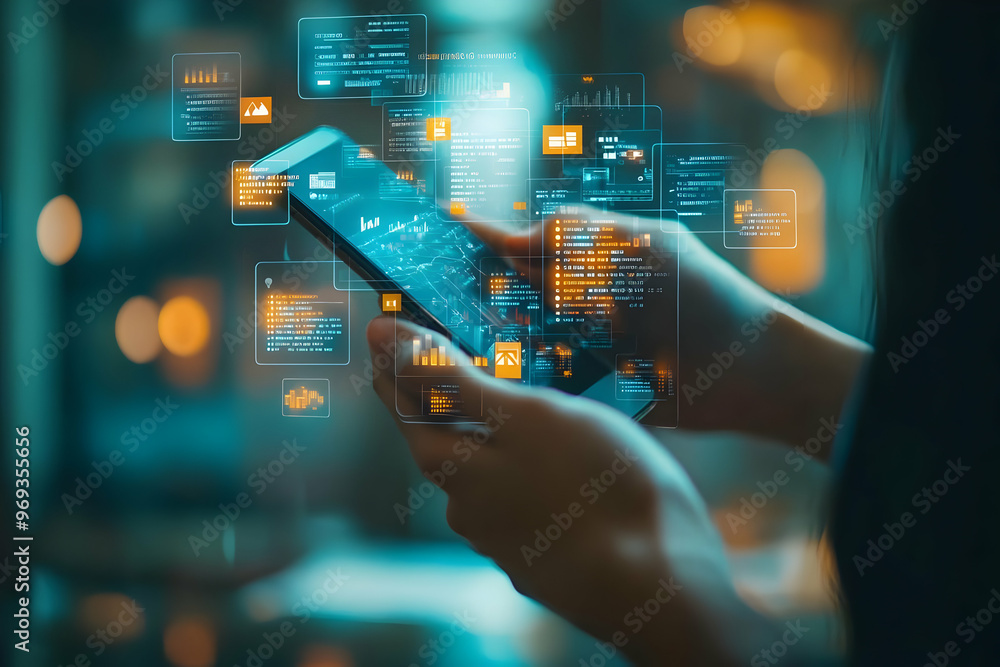 Poster digital technology illustration: business analytics data management on mobile device