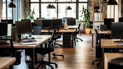 Open office layout with modern desks and chairs, no people around. Ideal for representing a professional work environment.