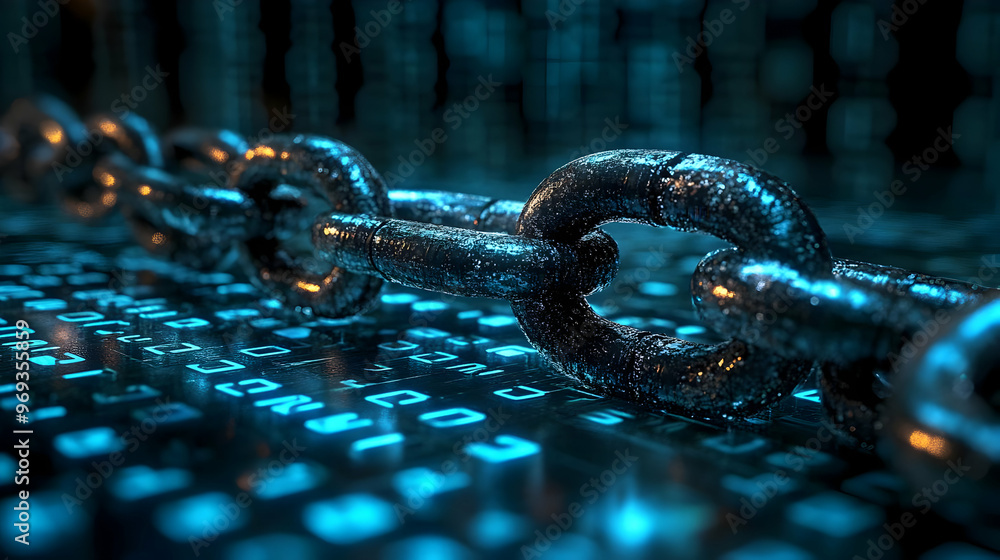 Poster a close-up of a metallic chain on a digital background, symbolizing connectivity and security.