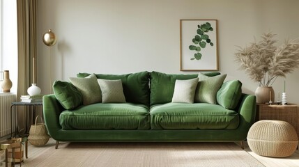 A chic living room showcases a dark green velvet sofa with decorative pillows, soft neutral walls, and natural light.